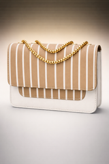 Luxury Striped Chain Shoulder Bag – Elegant Beige & White