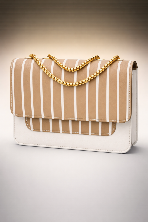 Luxury Striped Chain Shoulder Bag – Elegant Beige & White