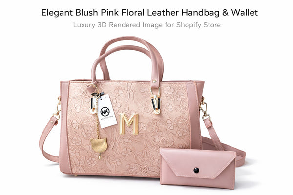 Elegant Blush Pink Floral Leather Handbag & Wallet Set – Luxury Designer Tote for Women