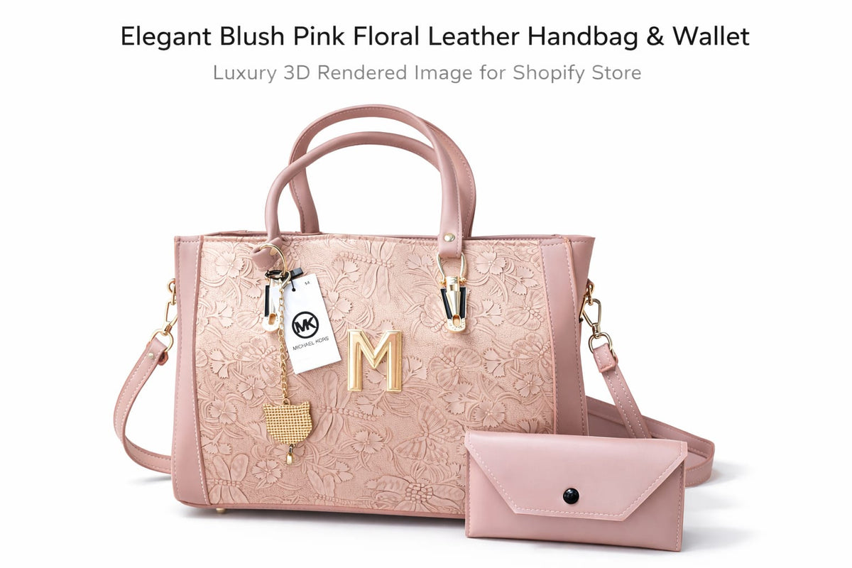 Elegant Blush Pink Floral Leather Handbag & Wallet Set – Luxury Designer Tote for Women