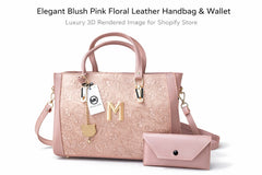 Elegant Blush Pink Floral Leather Handbag & Wallet Set – Luxury Designer Tote for Women