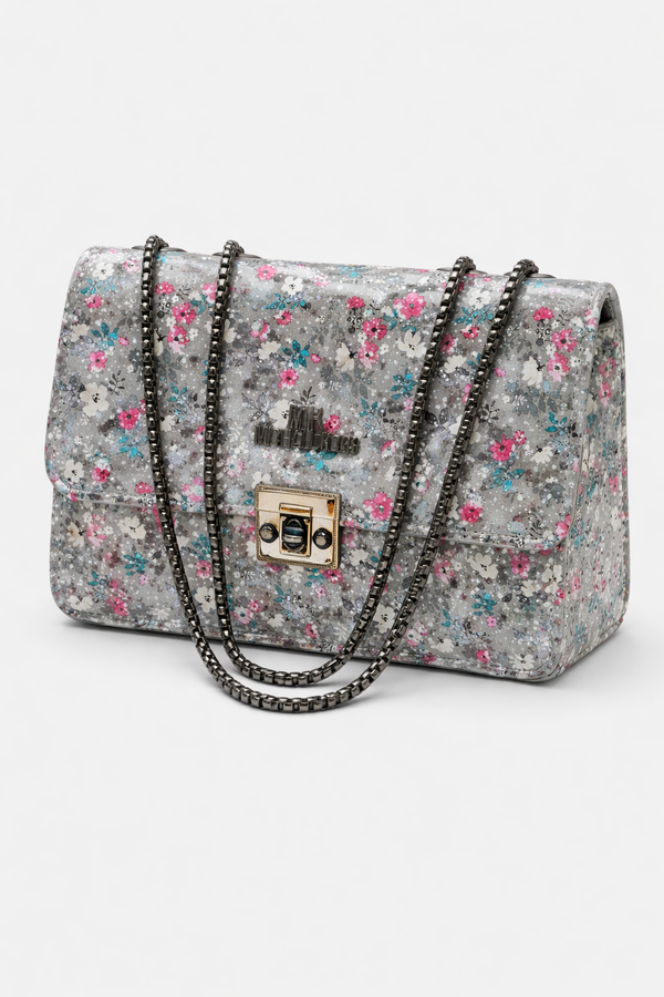 Floral Print Chain Shoulder Bag – Elegant Grey Designer Handbag