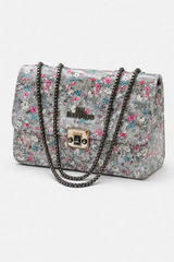 Floral Print Chain Shoulder Bag – Elegant Grey Designer Handbag